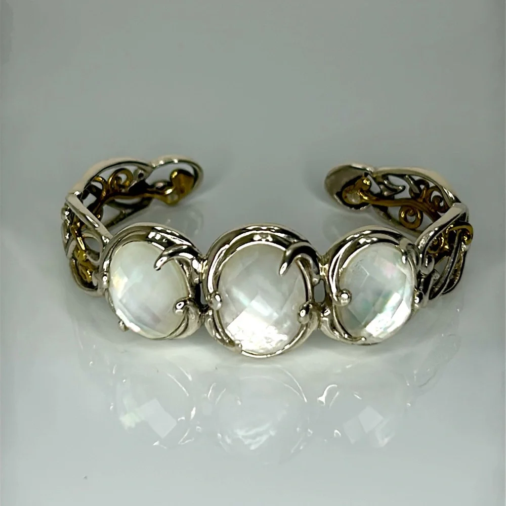 Carolyn Pollack Designer Sterling Silver Brass MOP Cuff Bracelet Boho Casual